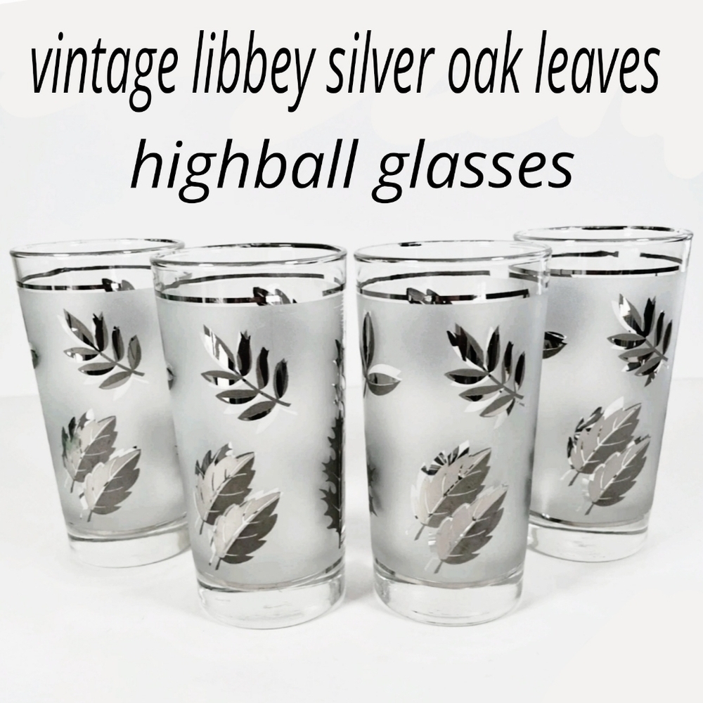 4 Libbey/ Federal frosted & Metallic Silver Oak Leaves Highball Glasses 5.5" H